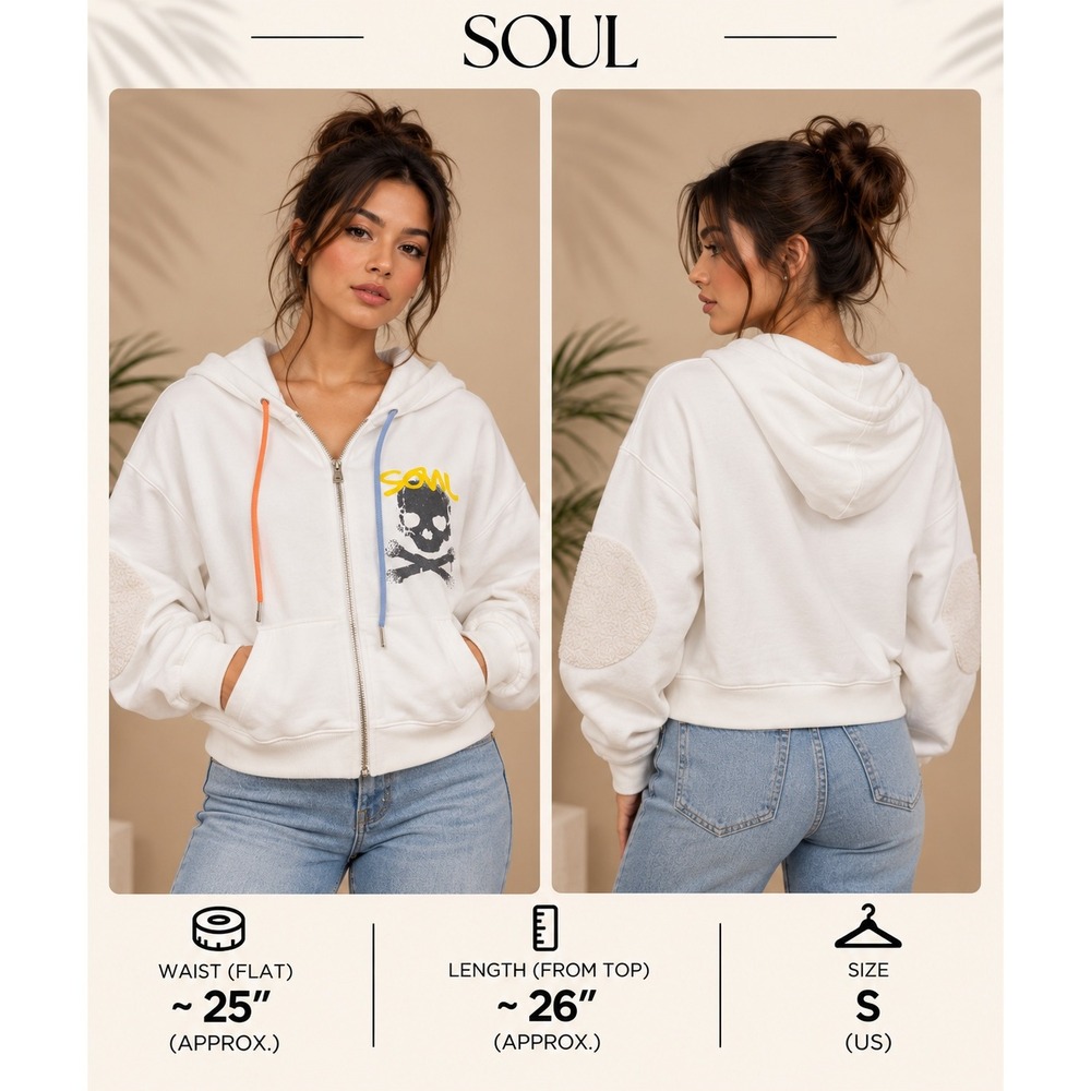 Soul Cycle White Skull Graphic Zip Up Hoodie Sherpa Elbow Patches Small